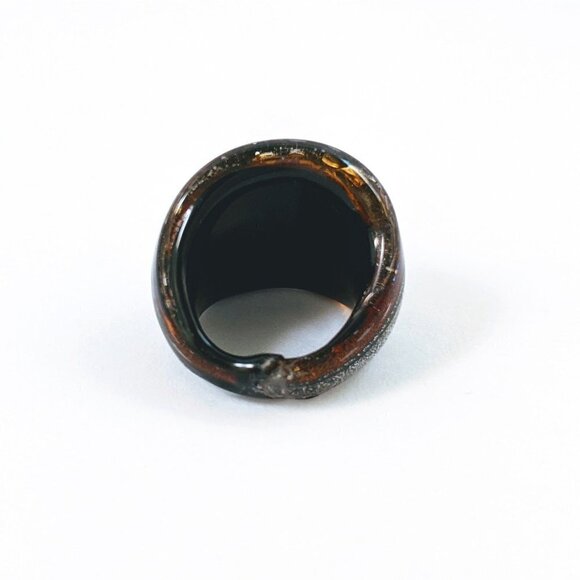 Vintage Brown Silver & Black Stripes Art Glass Domed Shimmery Wide Chunky Ring - Picture 5 of 13